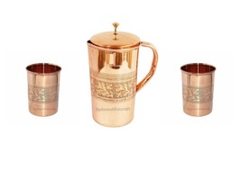 Pure Copper Water Pitcher Jug Embossed Drinking 2 Tumbler Glass Healthy ... - £32.31 GBP