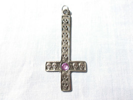 Pewter Satanic Inverted Cross with Skulls Lavender Crystal 3&quot; Pendant Necklace - £7.85 GBP