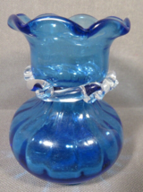 Blue Crackle Glass Small Vase Hand Blown Clear Glass Swirl Collar  2.75&quot;... - £9.86 GBP