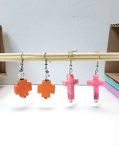 Southwestern Cross Dangle Earrings 1.4&quot; Pink Turquoise with Beads &amp; 1.25&quot; Orange - £17.16 GBP