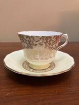 Vintage Mayfair Bone China Tea Cup And Saucer Pale Yellow With Gold Gilt Design - £13.85 GBP