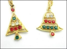 Vintage 2 Christmas Necklaces Bell &amp; Tree Red Green Clear Rhinestones Pair - £15.02 GBP