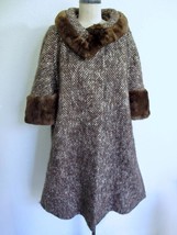 Vintage 60s Forstmann Brown Wool Tweed Swing Coat M L Fur Collar Cuffs - £119.89 GBP