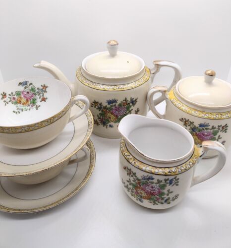 Vintage Noritake Morimura Japan 9 Piece Porcelain Tea Set Peonies Gold Trim - $57.41