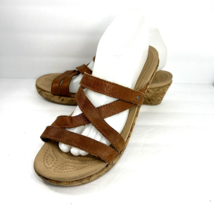 Crocs Leigh Sandals Sz 9 Brown Leather Cork Wedge Heel Strappy Slip On Shoe - $44.99