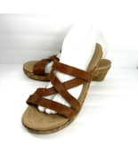 Crocs Leigh Sandals Sz 9 Brown Leather Cork Wedge Heel Strappy Slip On Shoe - £35.65 GBP