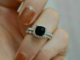 3Ct Cushion Cut Black Diamond Bridal Set Engagement Ring 14K White Gold Finish - £94.38 GBP