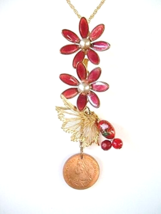 Vintage pendant necklace Cottagecore Red Flower Butterfly Wing - £15.56 GBP