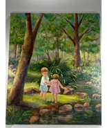 Orginal Art On Canvas- Young Children At A Creek Or River. Tender Moment . - £25.74 GBP