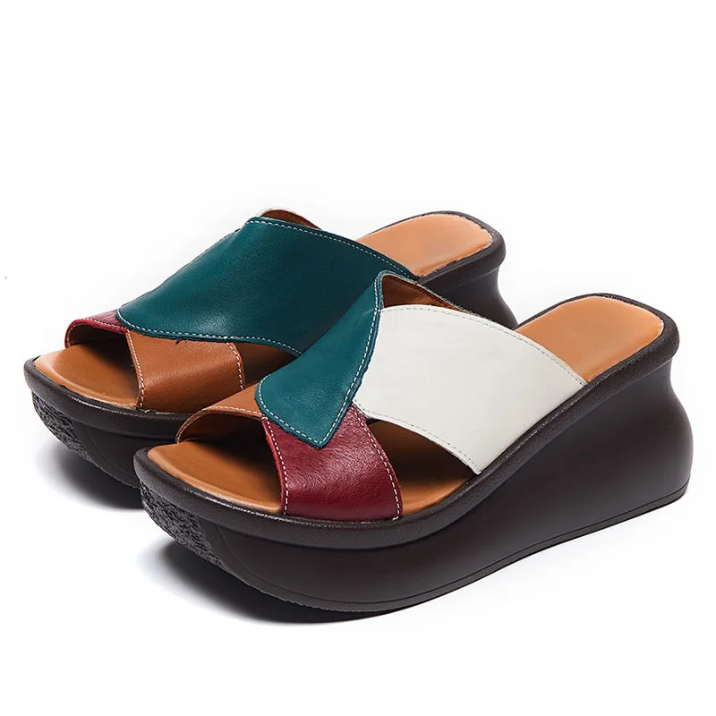 Women Slippers Summer Wedges Height Increasing Slippers Mixed Color Open Toe Gen - £58.54 GBP