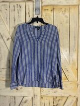 Lauren Ralph Lauren 100% Linen Striped Blue Blouse Long Sleeves RLL Butt... - $24.95
