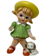 Vtg Porcelain Figurine Girl in Green Dress w/ Puppy – 4.75&quot; Sun Hat Hand... - €8,57 EUR