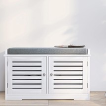 Rasoo White Shoe Rack Bench With 2 Doors And Padded Seat Cushion In Grey... - $129.98