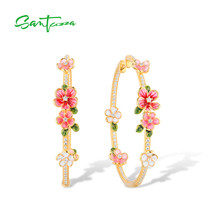 925 Sterling Silver Hoop Earrings For Women Colorful Pink Blooming Flower Weddin - £79.78 GBP