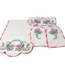 4 Piece Vintage Hand Embroidered Crochet Edge Floral Runner Dresser Set ... - £16.32 GBP