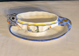 Henriot Quimper French Hand Painted Fish Gravey Bowl w/ Attached Saucer Dish EUC - $120.93