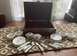 Vintage Porcelain Child Play Toy Doll Tea Set 12 pcs + 10 Utensils + Wood Box - £13.52 GBP