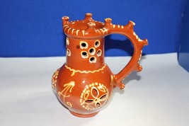 Ceramic Decorative Pitcher Vase Hand Painted in Brown and Orange Monogra... - $74.24