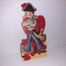 Vtg Pirate Valentine&#39;s Card Die Cut Parot Treasure Chest 40s You&#39;re A Treasure - £6.21 GBP