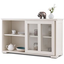 Modern Cream White Wood Buffet Sideboard Cabinet with Glass Sliding Door - $282.49