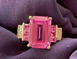 3.50Ct Emerald Cut Pink Sapphire Solitaire With Accent Ring 14K Yellow Gold Over - £88.14 GBP