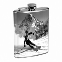 Vintage Skiing Skier Skis D30 Flask 8oz Stainless Steel Hip Drinking Whiskey B&amp;W - £11.63 GBP