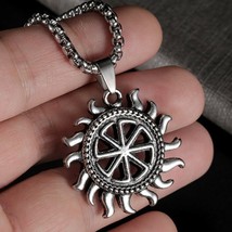 Men Silver Kolovrat Sun Wheel Pendant Necklace Protection Jewelry Box Chain 24&quot; - £7.88 GBP