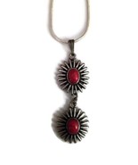 Ruby Red Bead Center Floral Silver Tone Pendant Necklace - £14.51 GBP