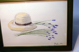 watercolor painting Straw Hat with Lavender Signed By Robin M. - $520.68 MXN