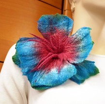 BIG FELTED FLOWER BROOCH BLUE UNIQUE HANDMADE IN EUROPE HOLIDAY GIFT FOR... - $55.25