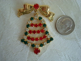 Bow Pin ~ Brooch ~ Rhinestone Christmas Bell - $7.00