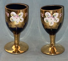 Set of 2 Cordial Shot Glasses Czech Bohemian Cobalt Blue Enamel Flowers - £9.07 GBP