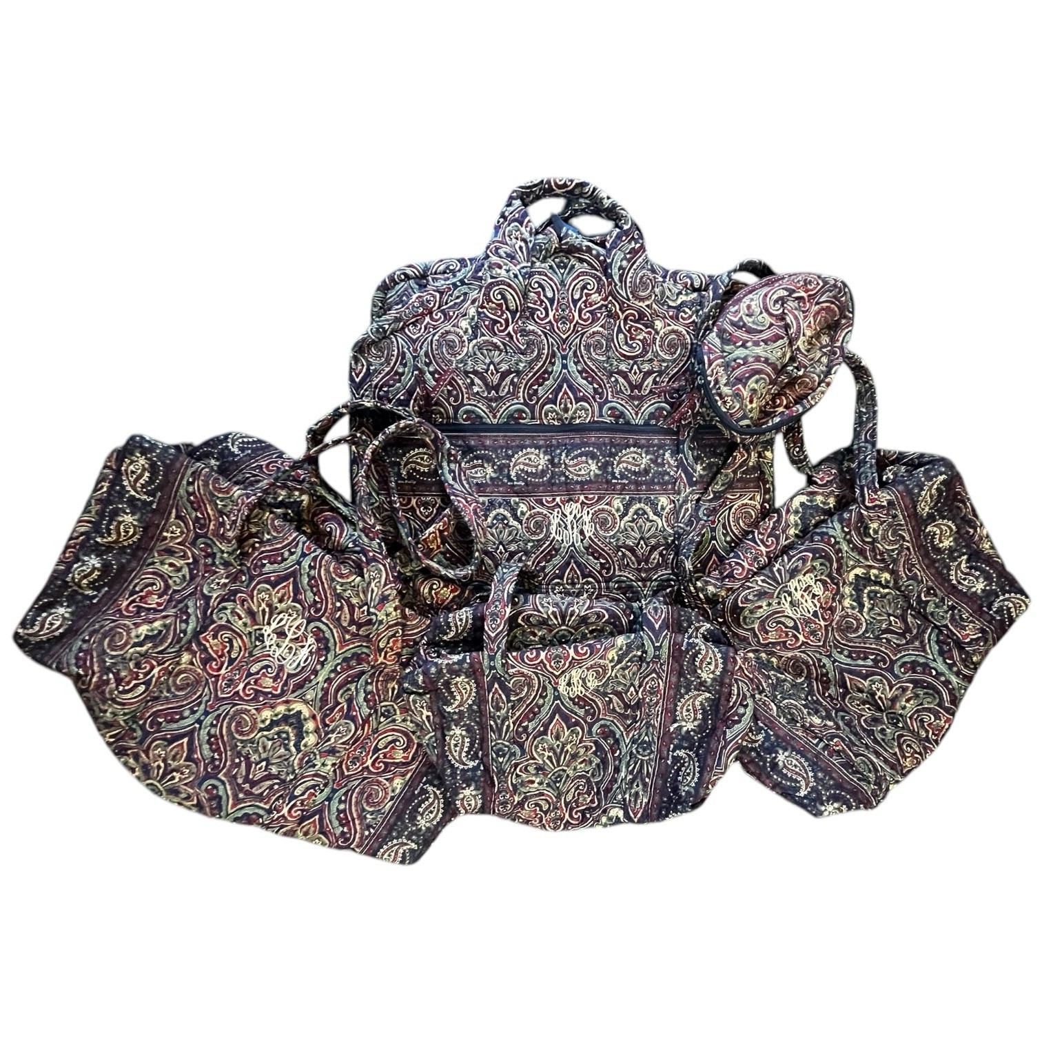 Vera Bradley 1990s Burgundy Green Medallion Luggage 5 Pc Duffle Garment ... - $88.83