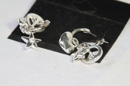 Earrings (New) Small Silver Hoope W/ Stars, Hearts &amp; Peace Dangels - 1&quot; Drop - £11.47 GBP