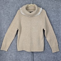 Carolyn Taylor Sweater Extra Large Beige/White Genuine Rabbit Fur Trim Cowl Neck - $22.43