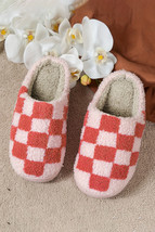 Fiery Red Checkered Print Fuzzy Slip On Winter Slippers - $176.22 MXN