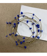 Blue Beaded Gold Colored Metal Wire and Glass Bead Bracelets 6 pc Jewelry - £4.08 GBP