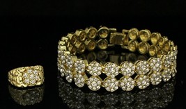 Mens 2pc Cluster 2 Row Bracelet CZ Ring Set 14k Gold Plated Hip Hop Jewelry - £11.98 GBP