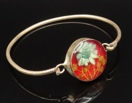 925 Sterling Silver - Vintage Flower Glass Art Bangle Bracelet - BT9652 - $64.94