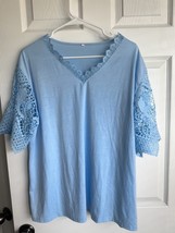 Light Blue Women’s V Neck Top With Crochet Short Sleeves And Matching Tr... - $218.08 MXN