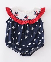 NEW Boutique 4th of July Girls Embroidered Stars Smocked Bubble Romper Jumpsuit - £13.58 GBP