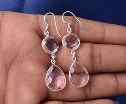 925 Plata de Ley Rosa Cuarzo Gema Hecho a Mano Pendientes Su Fest Regalo ES-1066 - £31.82 GBP