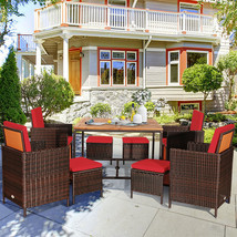 9Pc Rattan Wicker Patio Dining Set Outdoor Furniture Set W/ Red Cushion - $834.17