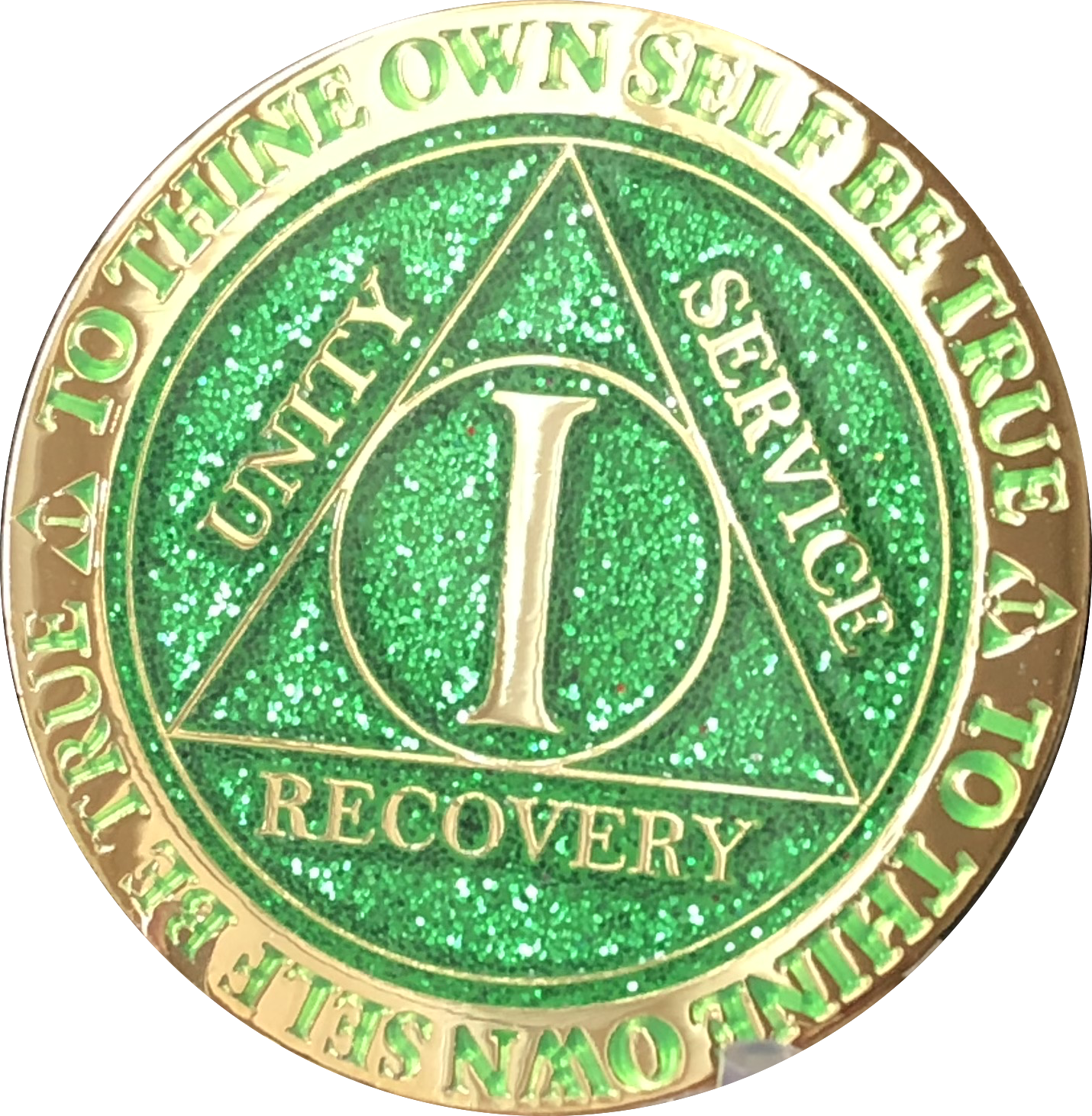 1 Year AA Medallion Reflex Glitter Green Gold Plated Sobriety Chip Coin One