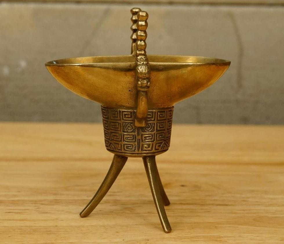Vintage Chinese Solid Brass Jue Libation Cup Ritual Wine Tripod Spiritua... - $44.49