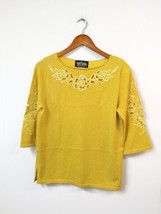 Bob Mackie Wearable Art WM S Sweater Yellow 3/4 Sleeve Side Slits Rose Cutouts - $24.18