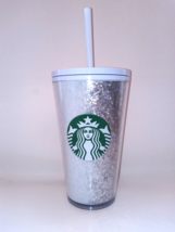 Starbucks Silver Glitter Siren Logo Cold Cup 16oz White Straw And Lid New - £11.35 GBP