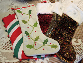 Choice Christmas Stockings Striped Pom Poms Holly Sequins Red Green Whit... - $4.00