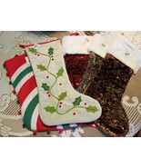 Choice Christmas Stockings Striped Pom Poms Holly Sequins Red Green Whit... - $4.00