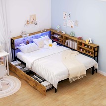 Corner Bed Full Storage Daybed w/Bookcase, Drawers, LED, Charging Station - $311.99